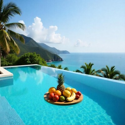 Scenic fruit display by a luxury pool overlooking ocean
