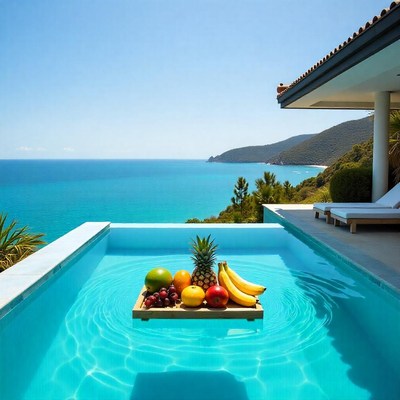 Relaxing oasis with fruits by the poolside
