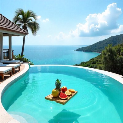 Relaxing getaway at a tropical infinity pool with ocean view