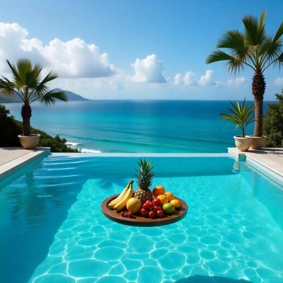 Relaxing poolside with fresh fruits and ocean view