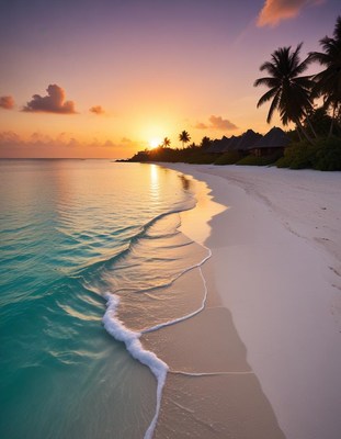 Serene beachfront at sunset with gentle waves and palm trees