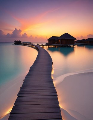 Serenity at sunset along the beach walkway in maldives