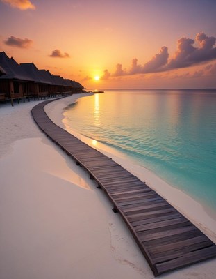 Serene sunset on a tranquil beach with wooden pathway