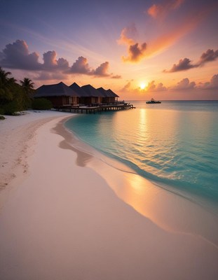 Beautiful sunset over ocean with beach and villas
