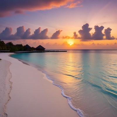 Serene sunset over tranquil beach by the ocean