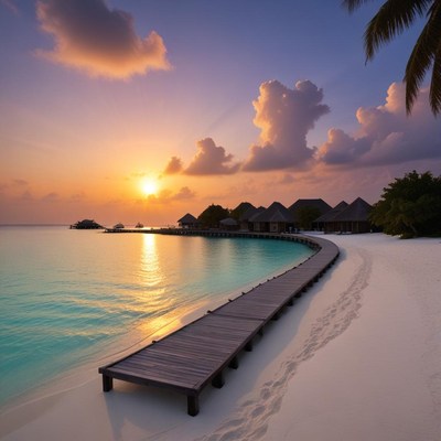 Serene sunset over tropical beach with wooden walkway