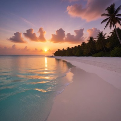 Beautiful sunset over tranquil beach with palm trees