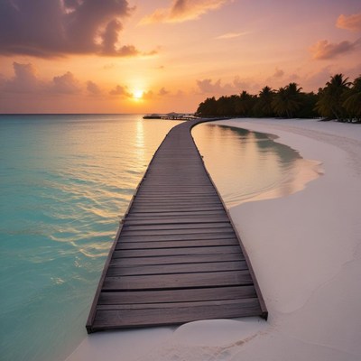Sunset over serene wooden pier by tranquil ocean waters