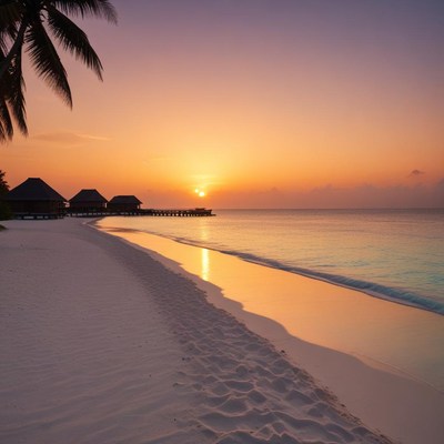 Calm sunset over beach with cabanas and palms