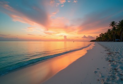 Majestic sunset over calm beach with gentle waves