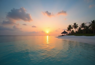Serene beach sunset with palm trees and calm water