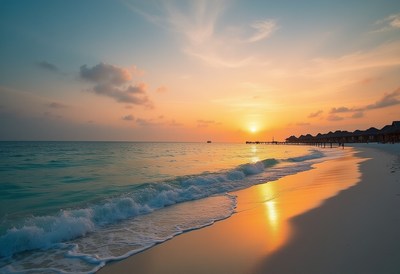 Calm shoreline at sunset with gentle waves