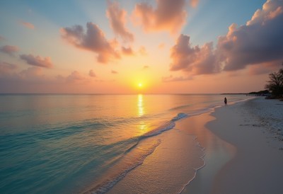 Sunset over the calm beach with person walking on shoreline