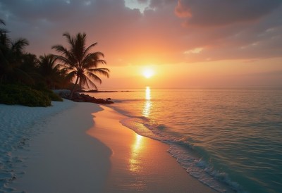 Sunset over tranquil beach with palm trees and calming waves