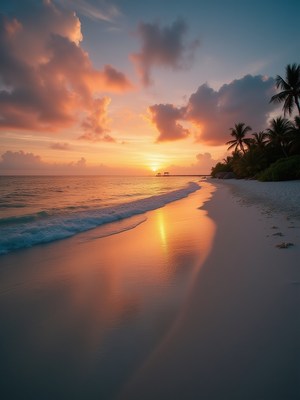 Vibrant sunset over serene beach with calm waves