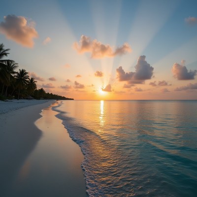 Sunset over serene beach with calm waters and palm trees