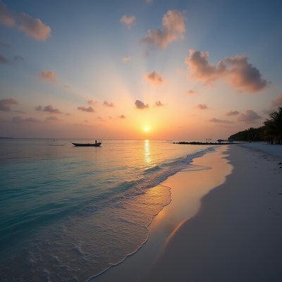 Sunset over tranquil beach with boat on calm water