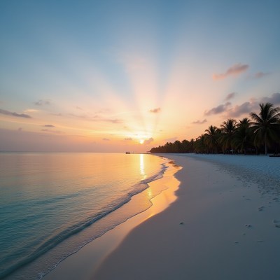 Sunset over tranquil beach with palm trees and reflections