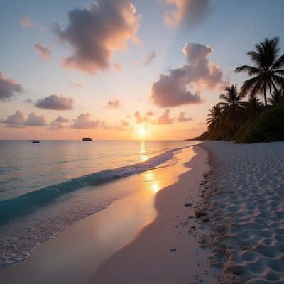Sunset over tranquil beach with gentle waves and palm trees