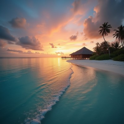 Beautiful sunset over a tranquil beach and pavilion