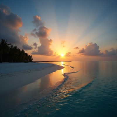 Sunset over tranquil beach and calm ocean waters