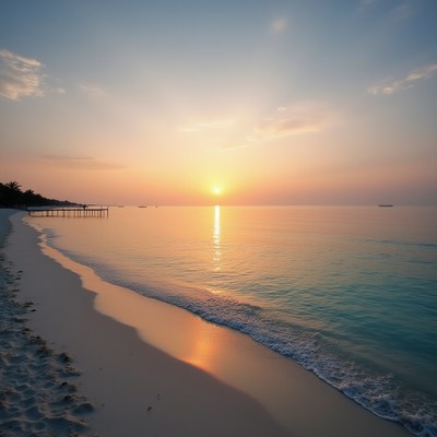 Sunset over calm water at tranquil beach location