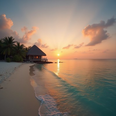 Breathtaking sunset over tranquil beach and bungalow