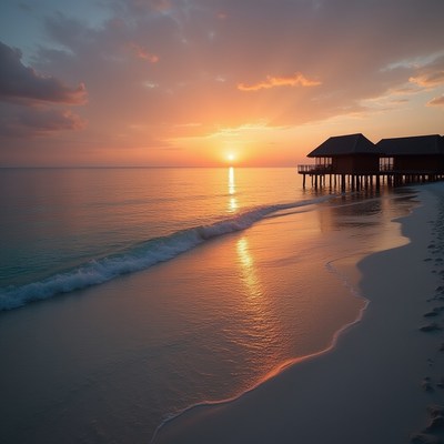 Sunset over calm ocean with beach and pier