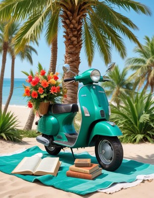 Vintage scooter with flowers on a tropical beach