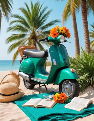 Scooter with flowers near the beach on a sunny day