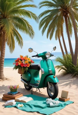 Vibrant scooter near the beach with tropical scenery