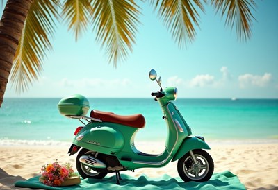 Vintage scooter parked beside serene beach under palm trees