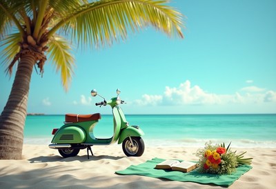 Relaxing beach setup with a scooter and book