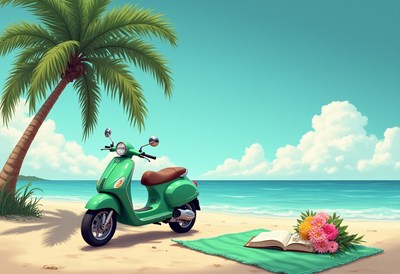Relaxing beach day with a green scooter and flowers