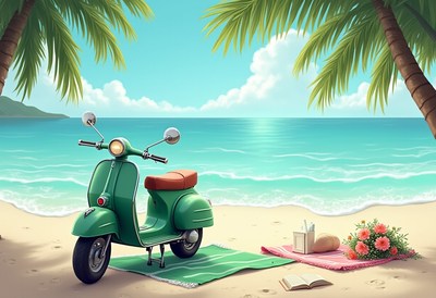 Scooter parked on a beach with tropical scenery