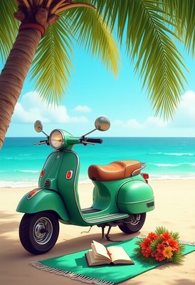Vintage scooter parked on the beach under palm trees
