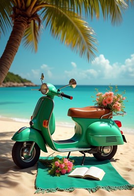 Vintage scooter with flowers on a tropical beach