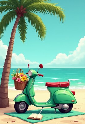 Bright green scooter parked by the beach with flowers