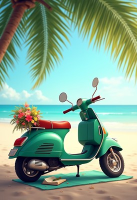 Bright scooter parked on the beach with flowers and book