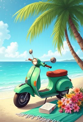 Scooter parked by the beach with flowers and a book