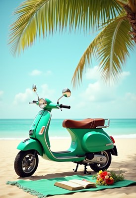 Vintage scooter parked on sandy beach by the ocean