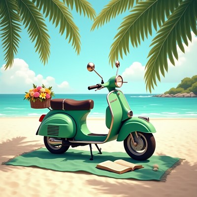 Vintage scooter parked on a beach with bright scenery