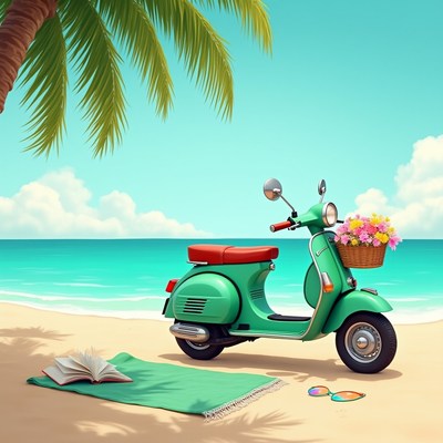 Vintage scooter on the beach with a book and flowers