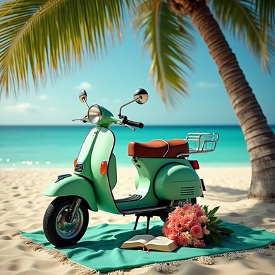 Scooter parked on sandy beach under palm tree