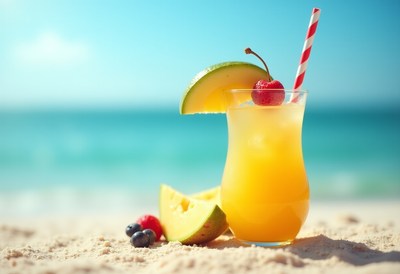 Refreshing tropical drink on a sunlit beach