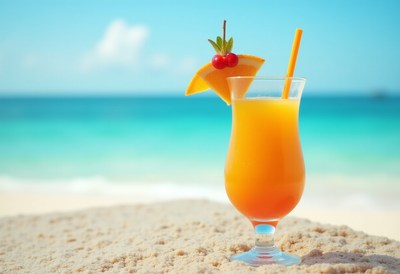 Tropical drink on sand with ocean view under blue sky