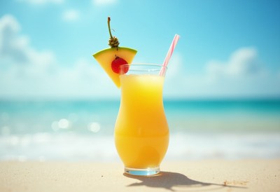 Refreshing tropical drink on a beach with clear blue skies