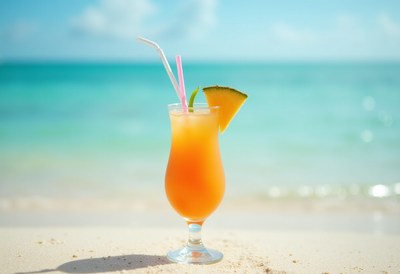 Tropical cocktail on the beach under clear blue sky