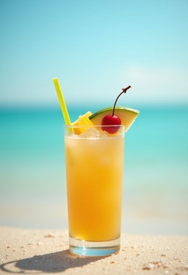 Refreshing tropical drink by the beach on a sunny day