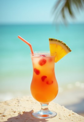 Refreshing tropical drink on a sunny beach